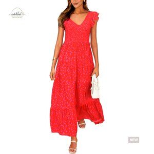 Summer Maxi Dress V Neck Cap Sleeve Smocked Beach Sundress Flowy